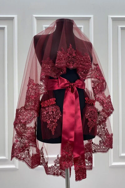 Güpürli To'y Fata To'plamı To'y Yuz Örtüsi Xina Kechasi Nikoh Fata Kamar Qo'lqop - ZEYMERADE