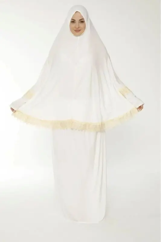 Güpürlü Hac Ümre ve Namaz Kıyafeti-Beyaz - 1