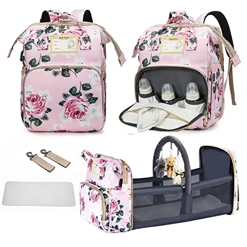 GurZinn Diaper Bag Backpack with Changing Station, Foldable for Bady Toddler, 3 in 1 Large Capacity Newborn Essentials Organizer with Stroller Hook for Girls and Boys（Pink） - 1