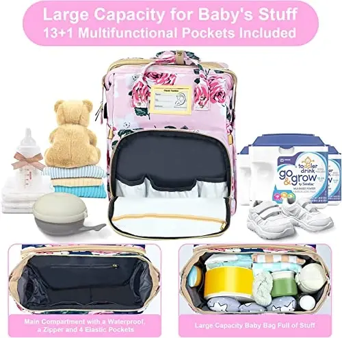 GurZinn Diaper Bag Backpack with Changing Station, Foldable for Bady Toddler, 3 in 1 Large Capacity Newborn Essentials Organizer with Stroller Hook for Girls and Boys（Pink） - 2