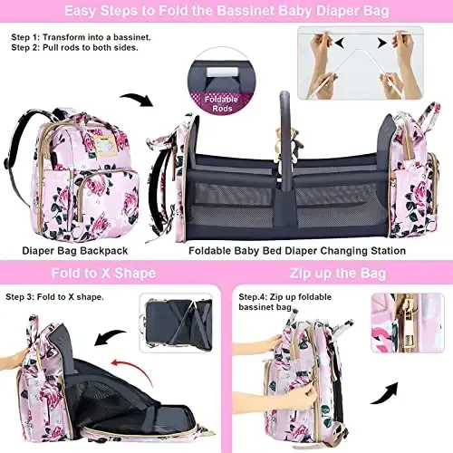 GurZinn Diaper Bag Backpack with Changing Station, Foldable for Bady Toddler, 3 in 1 Large Capacity Newborn Essentials Organizer with Stroller Hook for Girls and Boys（Pink） - 4