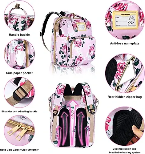 GurZinn Diaper Bag Backpack with Changing Station, Foldable for Bady Toddler, 3 in 1 Large Capacity Newborn Essentials Organizer with Stroller Hook for Girls and Boys（Pink） - 3
