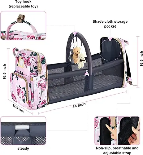 GurZinn Diaper Bag Backpack with Changing Station, Foldable for Bady Toddler, 3 in 1 Large Capacity Newborn Essentials Organizer with Stroller Hook for Girls and Boys（Pink） - 5