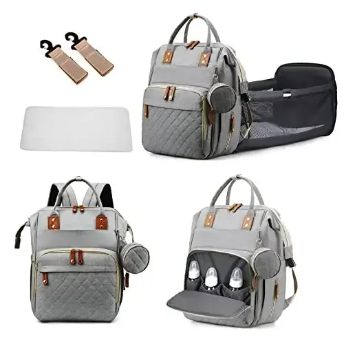 GurZinn Baby Diaper Bag Backpack with Changing Station Travel Waterproof 3 in 1 Foldable Pad Unisex Grey - GURZINN