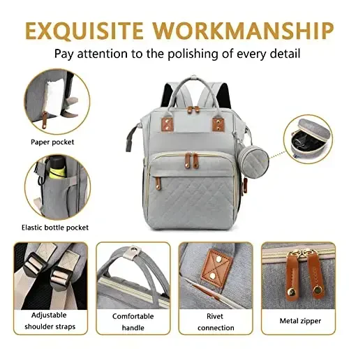GurZinn Baby Diaper Bag Backpack with Changing Station Travel Waterproof 3 in 1 Foldable Pad Unisex Grey - 5