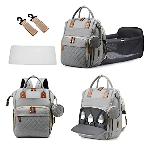 GurZinn Baby Diaper Bag Backpack with Changing Station Travel Waterproof 3 in 1 Foldable Pad Unisex Grey - GURZINN