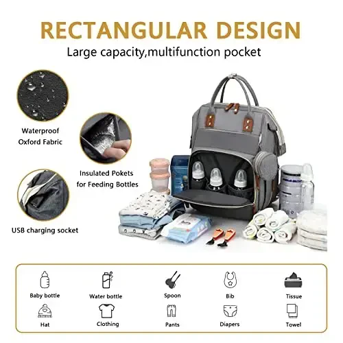 GurZinn Baby Diaper Bag Backpack with Changing Station Travel Waterproof 3 in 1 Foldable Pad Unisex Grey - 3