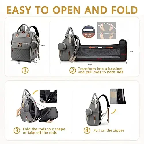 GurZinn Baby Diaper Bag Backpack with Changing Station Travel Waterproof 3 in 1 Foldable Pad Unisex Grey - GURZINN (1)