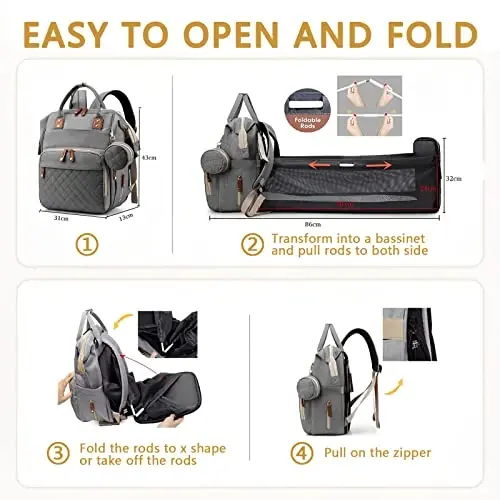 GurZinn Baby Diaper Bag Backpack with Changing Station Travel Waterproof 3 in 1 Foldable Pad Unisex Grey - 2