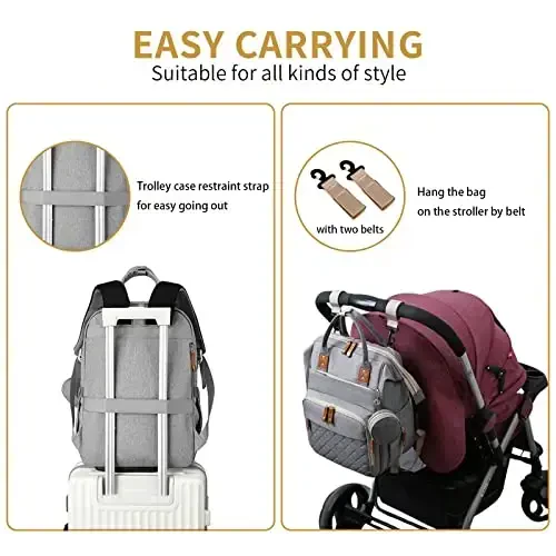 GurZinn Baby Diaper Bag Backpack with Changing Station Travel Waterproof 3 in 1 Foldable Pad Unisex Grey - 4