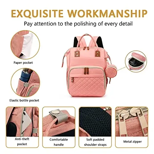 GurZinn Diaper Bag Backpack with Changing Station Portable 3 in 1 Multifunction Backpack Travel mommy bag Stroller Pink - GURZINN (1)