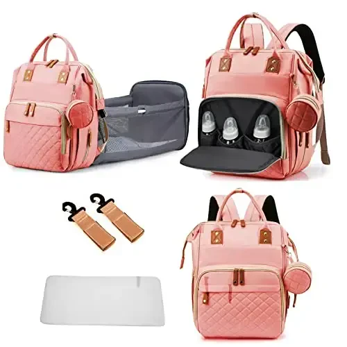 GurZinn Diaper Bag Backpack with Changing Station Portable 3 in 1 Multifunction Backpack Travel mommy bag Stroller Pink - GURZINN