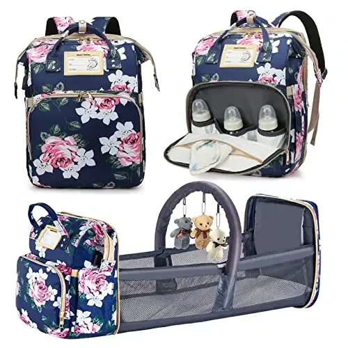 GurZinn Diaper Bag Backpack with Changing Station, Foldable for Bady Toddler, 3 in 1 Large Capacity Newborn Essentials Organizer with Stroller Hook for Girls and Boys（Blue） 