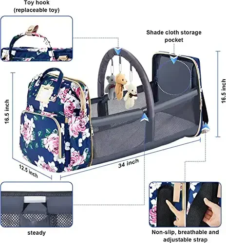 GurZinn Diaper Bag Backpack with Changing Station, Foldable for Bady Toddler, 3 in 1 Large Capacity Newborn Essentials Organizer with Stroller Hook for Girls and Boys（Blue） - 5
