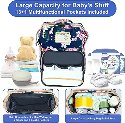 GurZinn Diaper Bag Backpack with Changing Station, Foldable for Bady Toddler, 3 in 1 Large Capacity Newborn Essentials Organizer with Stroller Hook for Girls and Boys（Blue） - 2
