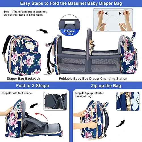 GurZinn Diaper Bag Backpack with Changing Station, Foldable for Bady Toddler, 3 in 1 Large Capacity Newborn Essentials Organizer with Stroller Hook for Girls and Boys（Blue） - 4
