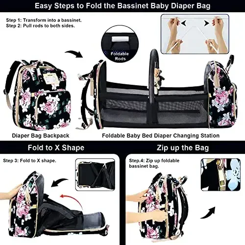 GurZinn Diaper Bag Backpack Waterproof Baby Bag Large Capacity Multifunction Nappy Bags Floral Insulated Durable Travel Maternity Back Pack with Changing Station for Baby （Black） - 4