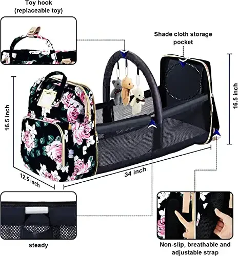 GurZinn Diaper Bag Backpack Waterproof Baby Bag Large Capacity Multifunction Nappy Bags Floral Insulated Durable Travel Maternity Back Pack with Changing Station for Baby （Black） - 5