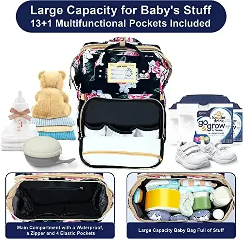 GurZinn Diaper Bag Backpack Waterproof Baby Bag Large Capacity Multifunction Nappy Bags Floral Insulated Durable Travel Maternity Back Pack with Changing Station for Baby （Black） - 3