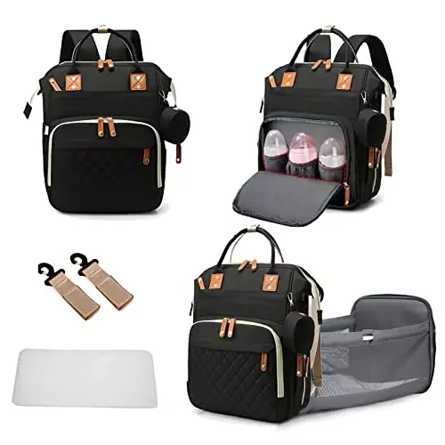 GurZinn Diaper Bag Backpack with Changing Station Portable 3 in 1 Multifunction Backpack Travel mommy bag Stroller Black - GURZINN