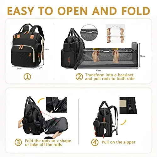 GurZinn Diaper Bag Backpack with Changing Station Portable 3 in 1 Multifunction Backpack Travel mommy bag Stroller Black - GURZINN (1)