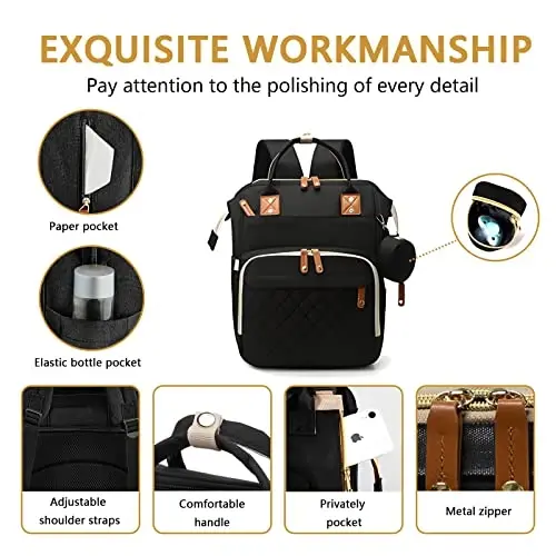 GurZinn Diaper Bag Backpack with Changing Station Portable 3 in 1 Multifunction Backpack Travel mommy bag Stroller Black - 3