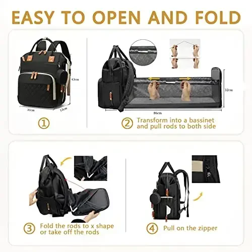 GurZinn Diaper Bag Backpack with Changing Station Portable 3 in 1 Multifunction Backpack Travel mommy bag Stroller Black - GURZINN (1)