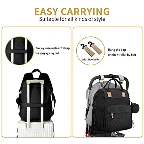 GurZinn Diaper Bag Backpack with Changing Station Portable 3 in 1 Multifunction Backpack Travel mommy bag Stroller Black - 4