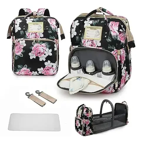 GurZinn Diaper Bag Backpack Waterproof Baby Bag Large Capacity Multifunction Nappy Bags Floral Insulated Durable Travel Maternity Back Pack with Changing Station for Baby （Black） - 1