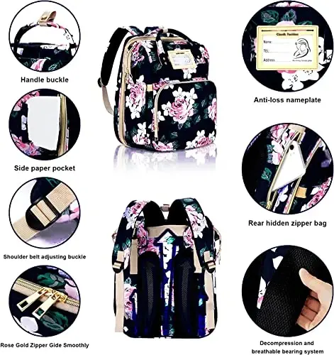 GurZinn Diaper Bag Backpack Waterproof Baby Bag Large Capacity Multifunction Nappy Bags Floral Insulated Durable Travel Maternity Back Pack with Changing Station for Baby （Black） - 2