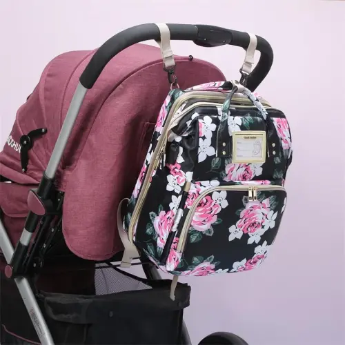 GurZinn Diaper Bag Backpack Waterproof Baby Bag Large Capacity Multifunction Nappy Bags Floral Insulated Durable Travel Maternity Back Pack with Changing Station for Baby （Black） - 6