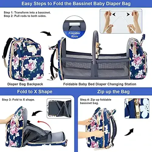 GurZinn Diaper Bag Backpack with Changing Station, Foldable for Baby Toddler, 3 in 1 Large Capacity Newborn Essentials Organizer with Stroller Hook for Girls and Boys（Blue） - 4