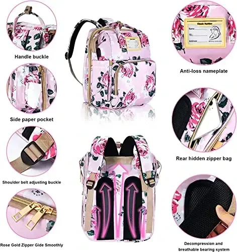 GurZinn Diaper Bag Backpack with Changing Station, Foldable for Bady Toddler, 3 in 1 Large Capacity Newborn Essentials Organizer with Stroller Hook for Girls and Boys（Pink） - 3
