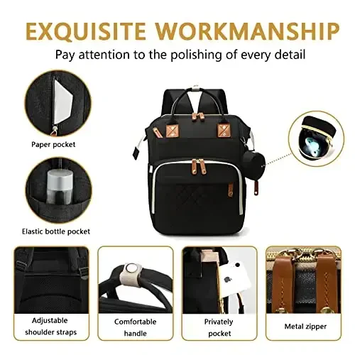 GurZinn Diaper Bag Backpack with Changing Station Portable 3 in 1 Multifunction Backpack Travel mommy bag Stroller Black - 3