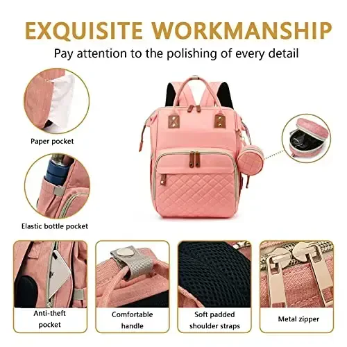 GurZinn Diaper Bag Backpack with Changing Station Portable 3 in 1 Multifunction Backpack Travel mommy bag Stroller Pink - 2