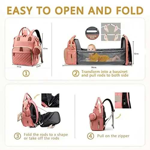 GurZinn Diaper Bag Backpack with Changing Station Portable 3 in 1 Multifunction Backpack Travel mommy bag Stroller Pink - 3
