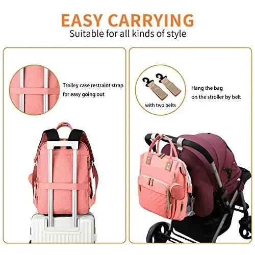 GurZinn Diaper Bag Backpack with Changing Station Portable 3 in 1 Multifunction Backpack Travel mommy bag Stroller Pink - 4
