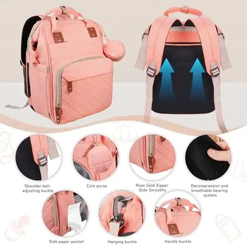 GurZinn Diaper Bag Backpack with Changing Station Portable 3 in 1 Multifunction Backpack Travel mommy bag Stroller Pink - 1