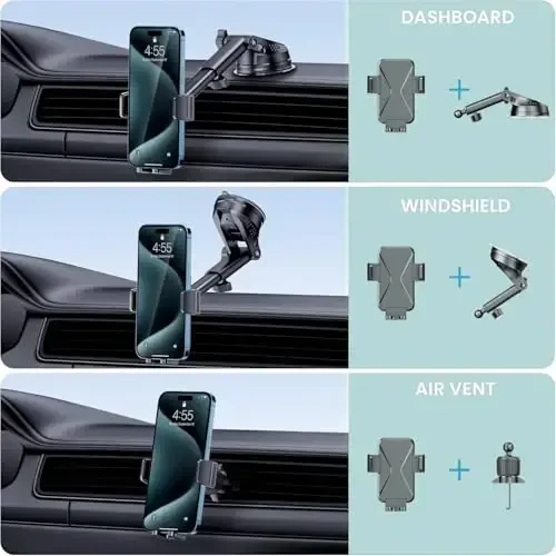 GUWEZ 360° Adjustable Car Phone Holder Universal Hands-Free Mount for iPhone & Android, 3 in 1 Windshield Air Vent Dashboard Hands-Free Mounting Kits for iPhone Android - 2