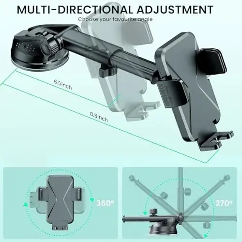 GUWEZ 360° Adjustable Car Phone Holder Universal Hands-Free Mount for iPhone & Android, 3 in 1 Windshield Air Vent Dashboard Hands-Free Mounting Kits for iPhone Android - 3