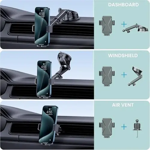 GUWEZ 360° Adjustable Car Phone Holder Universal Hands-Free Mount for iPhone & Android, 3 in 1 Windshield Air Vent Dashboard Hands-Free Car Mount for iPhone Android Smartphone - GUWEZ (1)