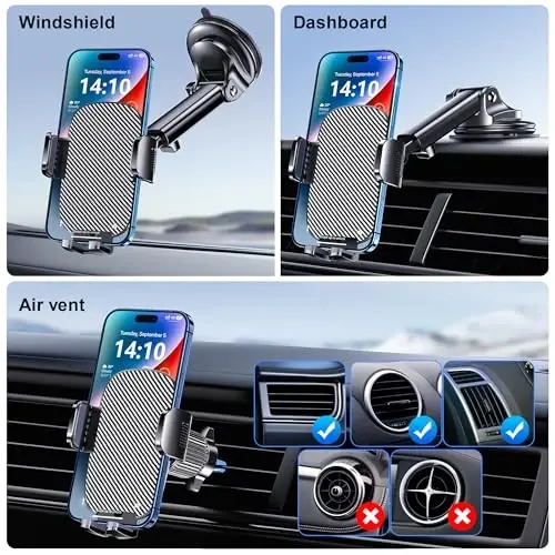 GUWEZ Phone Holder Car Mount for iPhone [Powerful Suction] Phone Mount for Car Dashboard Windshield Air Vent Universal Accessories [Thick Cases Friendly] Automobile Phone Holder Fit iPhone Smartphone - GUWEZ (1)