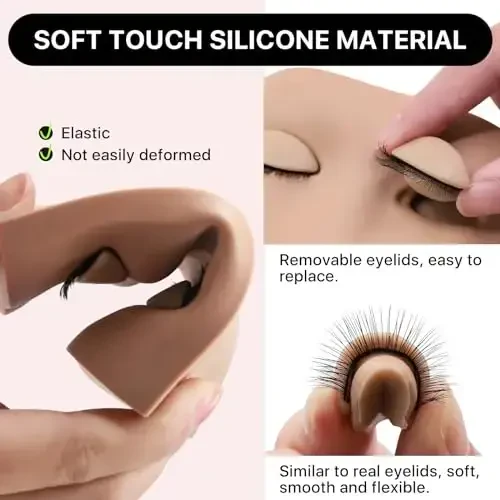 Pretty memory 2 Layer Lash Mannequin Head, with 2 Pairs Removable Lash Practice Eyelids, Realistic Eyelash Mannequin Head, Makeup Soft-Touch Rubber Lash Tech Supplies for Practice Training - 3