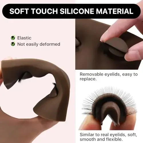 Pretty memory 2 Layer Lash Mannequin Head, with 2 Pairs Removable Lash Practice Eyelids, Realistic Eyelash Mannequin Head, Makeup Soft-Touch Rubber Lash Tech Supplies for Practice Training（Dark) - 3