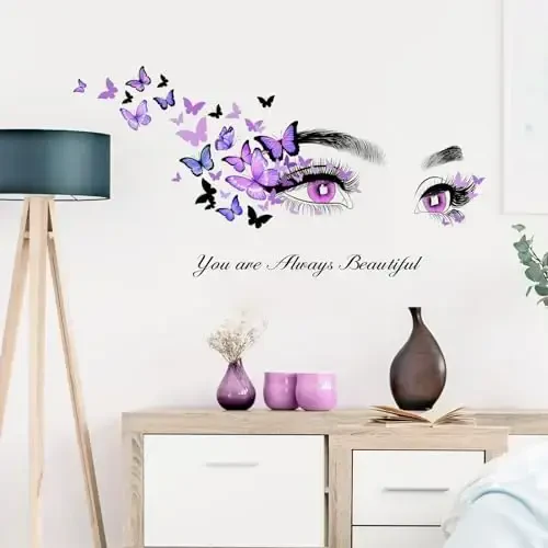 Beautiful Eyelash Eyes Wall Stickers Flying Butterfly Wall Decals You are Always Beautiful Quotes Wall-Decor Vinyl Art Butterflies Decor Stickers for Women Girls Bedroom Living Room Decor - 2