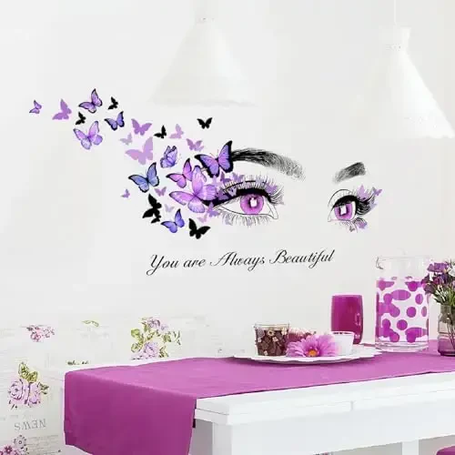 Beautiful Eyelash Eyes Wall Stickers Flying Butterfly Wall Decals You are Always Beautiful Quotes Wall-Decor Vinyl Art Butterflies Decor Stickers for Women Girls Bedroom Living Room Decor - 5