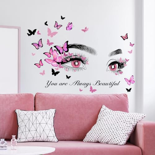 Beautiful Eyelash Eyes Wall Stickers Flying Butterfly Wall Decals You are Always Beautiful Quotes Wall-Decor Vinyl Art Butterflies Decor Stickers for Women Girls Bedroom Living Room Decor - X-xdaonl