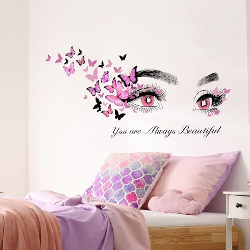 Beautiful Eyelash Eyes Wall Stickers Flying Butterfly Wall Decals You are Always Beautiful Quotes Wall-Decor Vinyl Art Butterflies Decor Stickers for Women Girls Bedroom Living Room Decor - 3