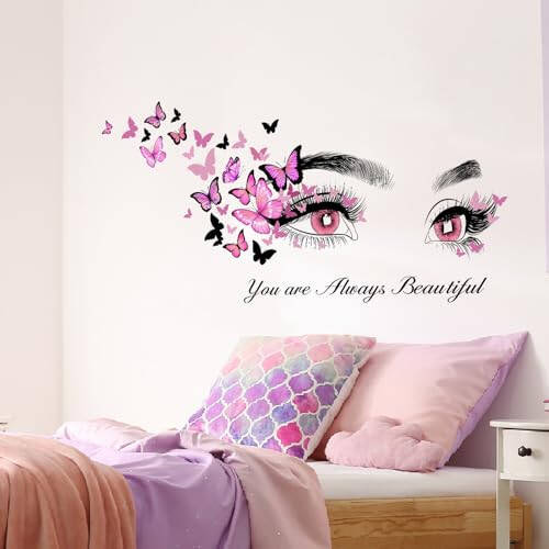 Beautiful Eyelash Eyes Wall Stickers Flying Butterfly Wall Decals You are Always Beautiful Quotes Wall-Decor Vinyl Art Butterflies Decor Stickers for Women Girls Bedroom Living Room Decor - 3