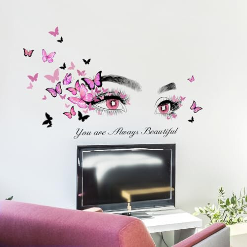Beautiful Eyelash Eyes Wall Stickers Flying Butterfly Wall Decals You are Always Beautiful Quotes Wall-Decor Vinyl Art Butterflies Decor Stickers for Women Girls Bedroom Living Room Decor - 4